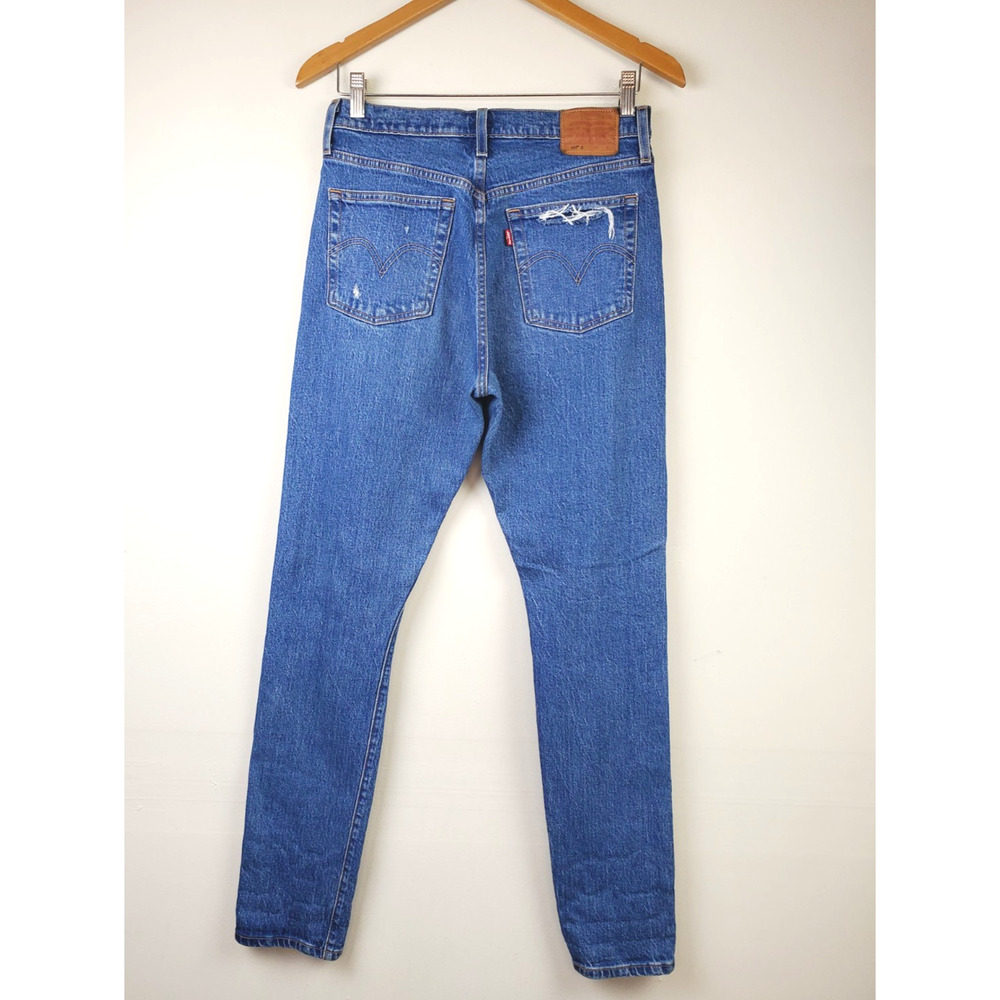 Levi's 501 Womens 28 Jeans Distressed Dark Wash Blue Button Fly Skinny Stretch - Picture 2 of 12